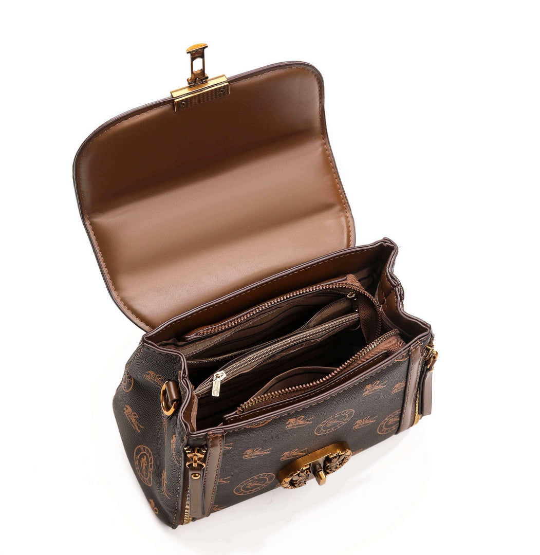 Elegant Monogram Lock Satchel – Brown Edition