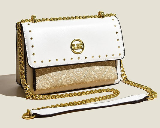 Elegant Studded Chain Crossbody Bag – Ivory Edition