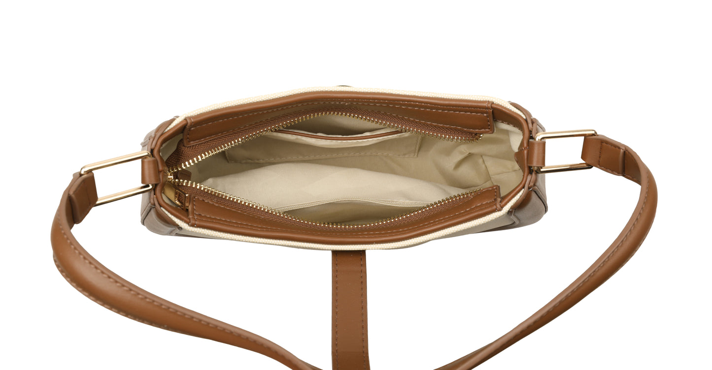 Canvas & Vegan Leather Shoulder Bag – Beige & Brown Edition