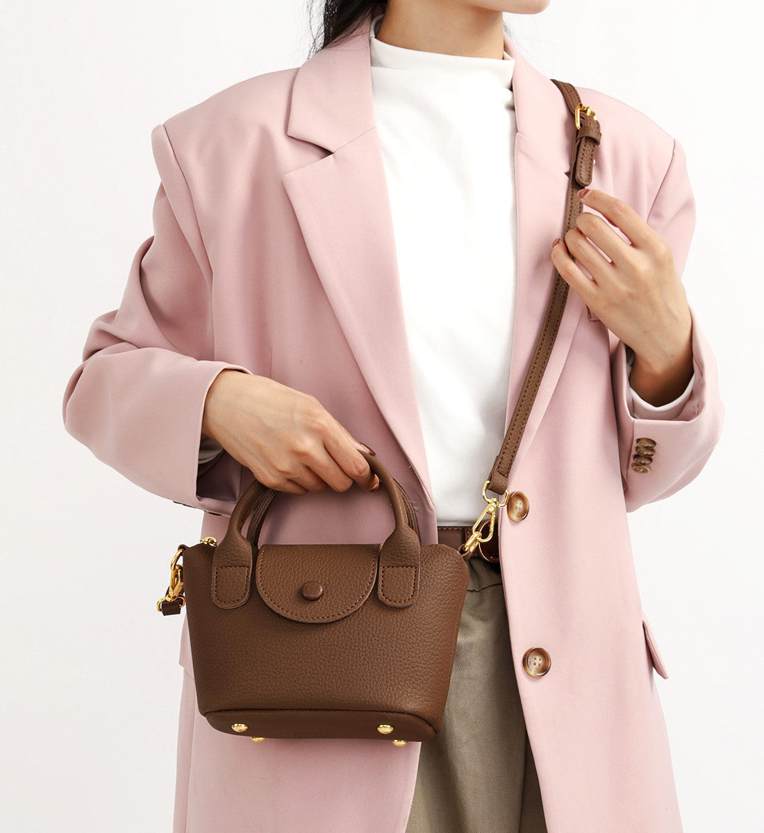 The "Mini Bucket Pouch" Top-Handle Crossbody (Brown)