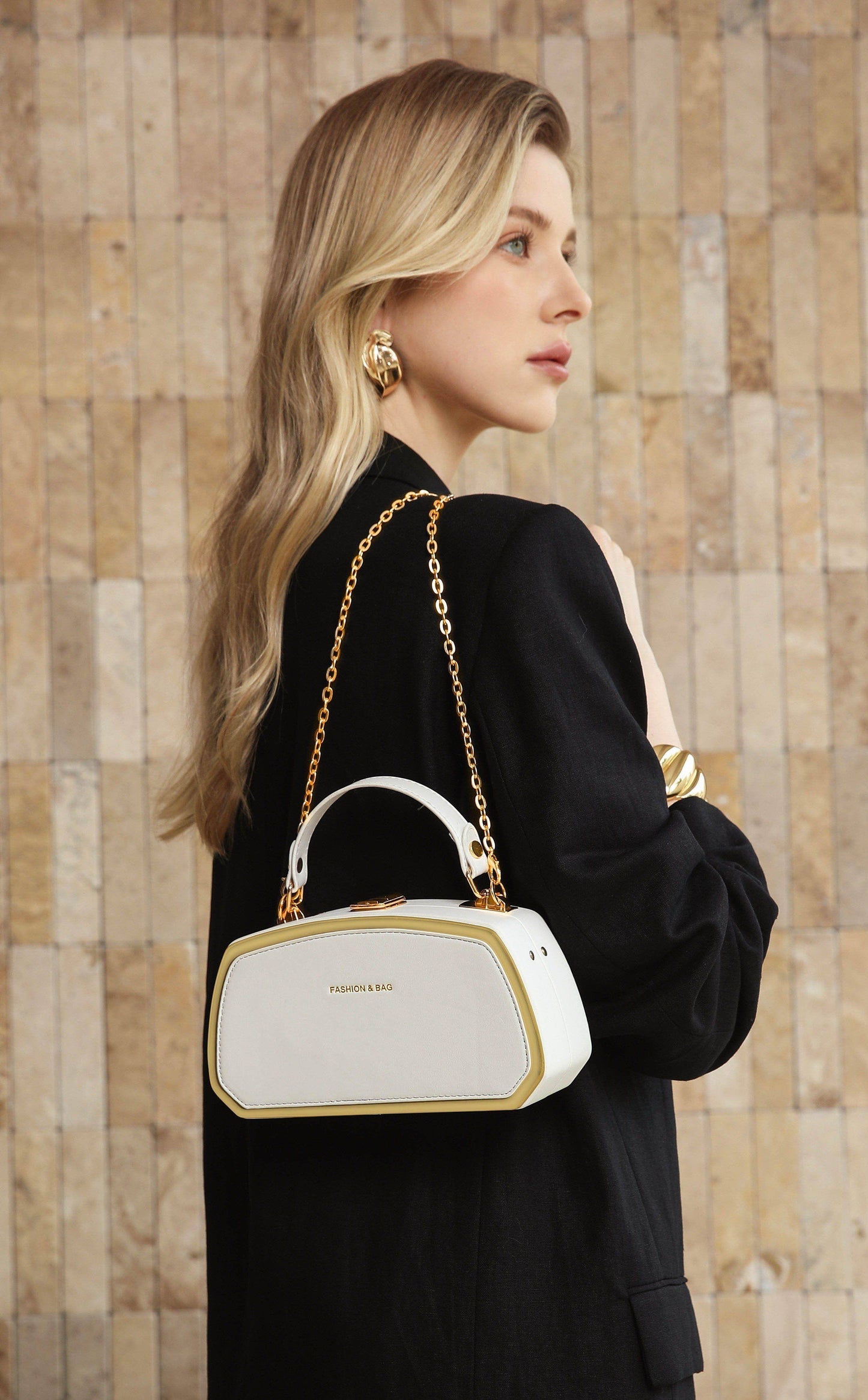 Elegant Box Clutch with Chain – White & Gold Edition