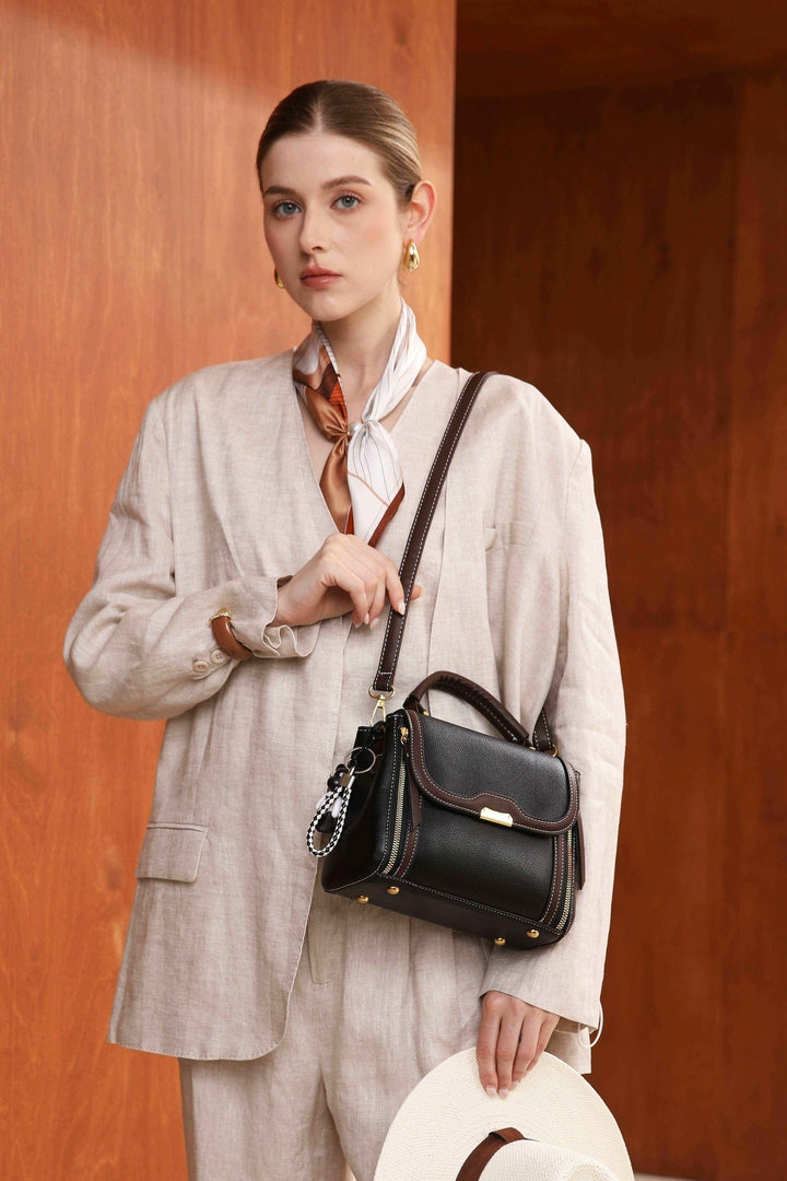 Elegant Contrast Top Handle Crossbody Bag – Black & Brown Edition