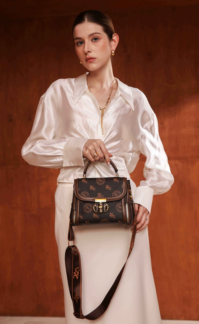 Elegant Monogram Lock Satchel – Brown Edition