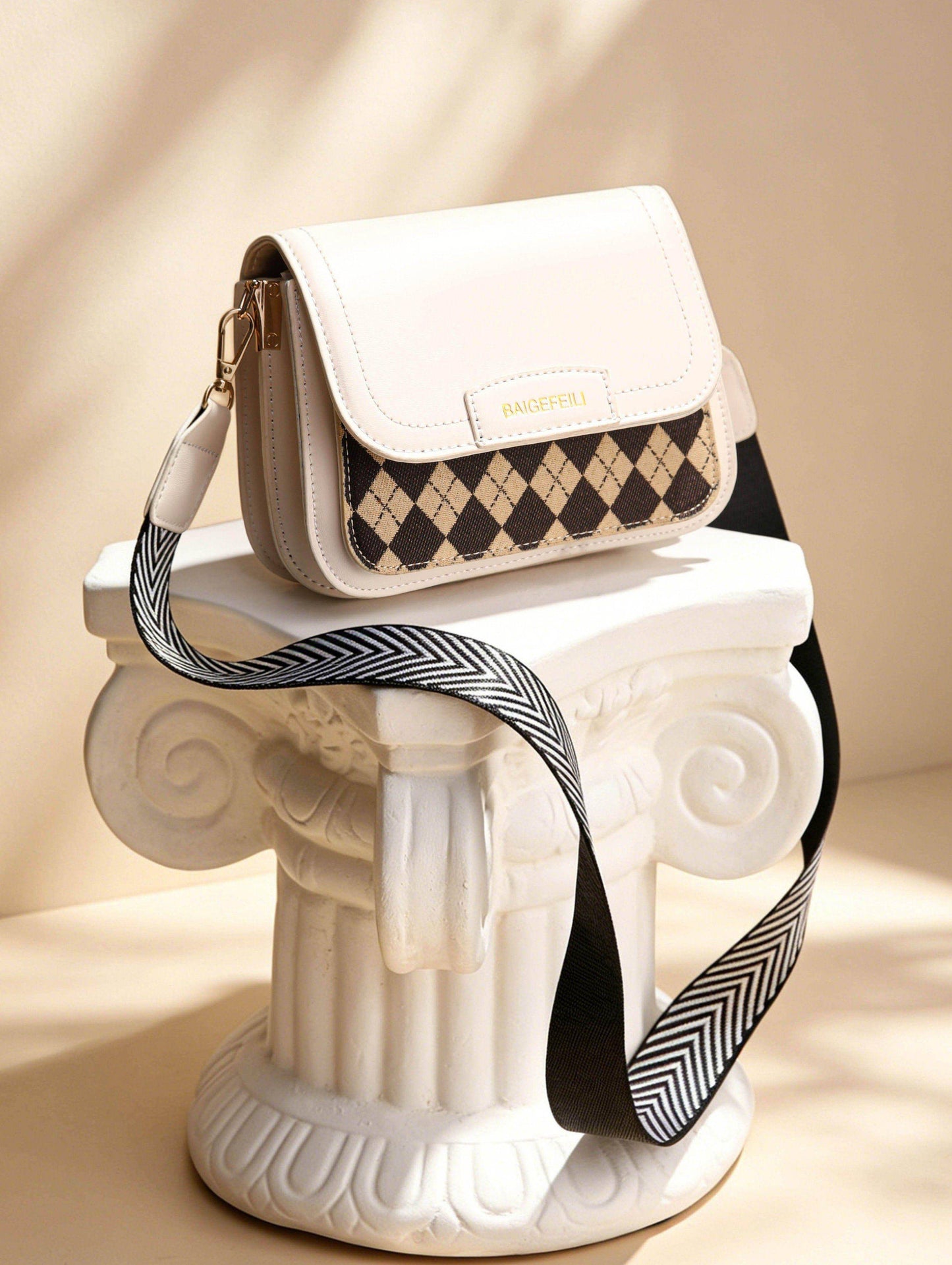 Argyle Mini Crossbody Bag – Beige & White Edition