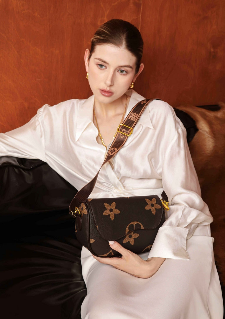 Elegant Floral Monogram Crossbody Bag – Brown Edition