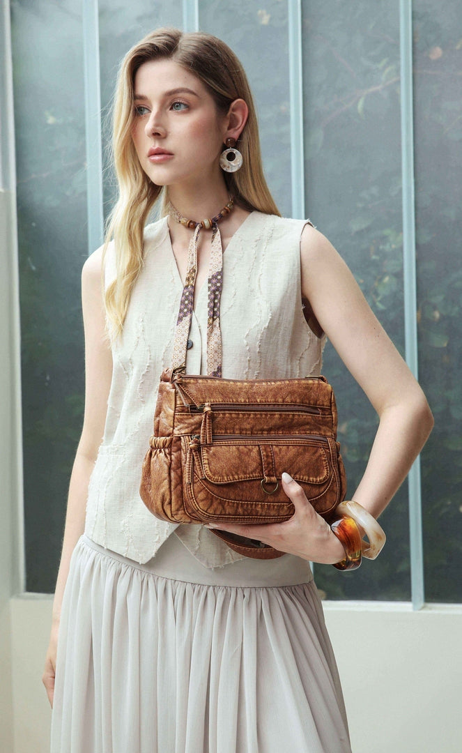 Vintage Multi-Pocket Shoulder Bag – Tan Edition