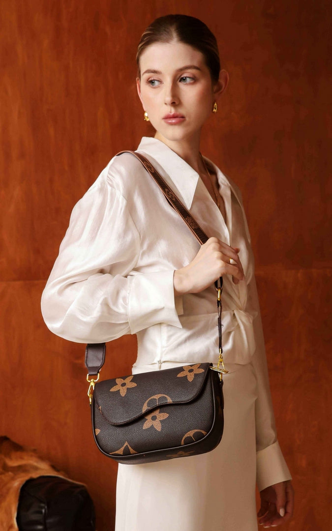 Elegant Floral Monogram Crossbody Bag – Brown Edition