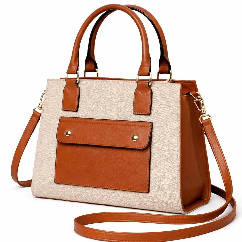 Classic Canvas Pocket Tote Bag – Beige & Tan Edition