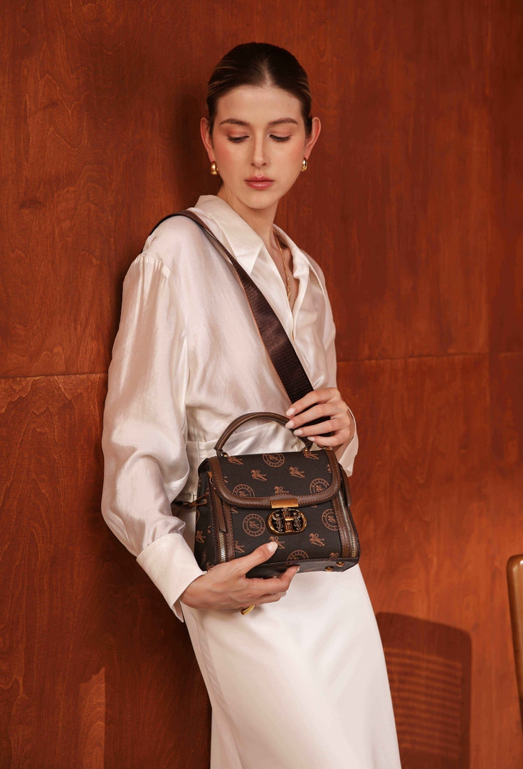 Elegant Monogram Lock Satchel – Brown Edition
