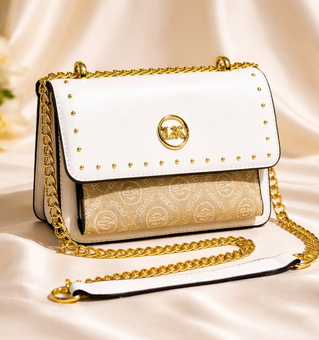 Elegant Studded Chain Crossbody Bag – Ivory Edition