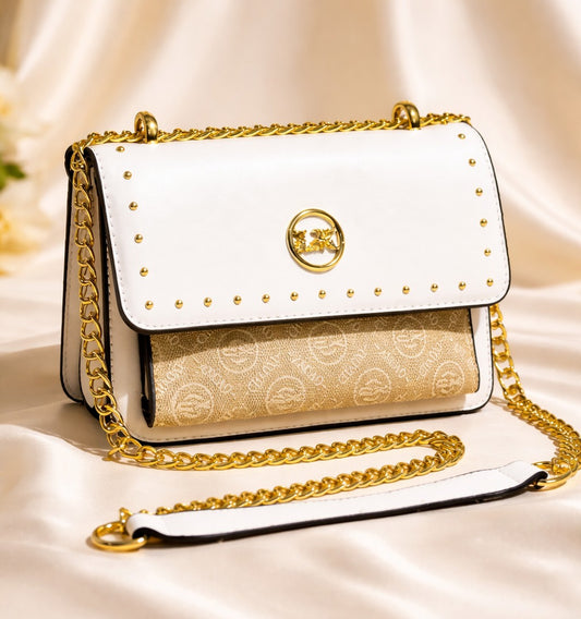 Elegant Studded Chain Crossbody Bag – Ivory Edition
