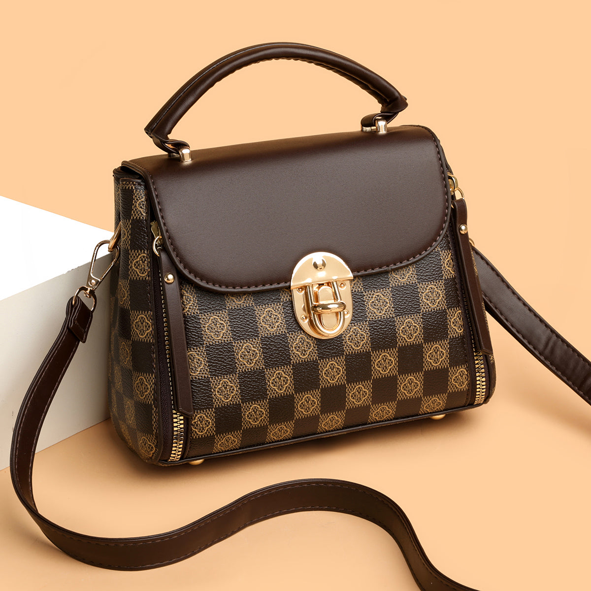 Elegant Checkered Top Handle Satchel – Brown Edition