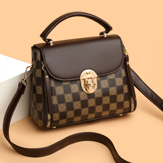 Elegant Checkered Top Handle Satchel – Brown Edition