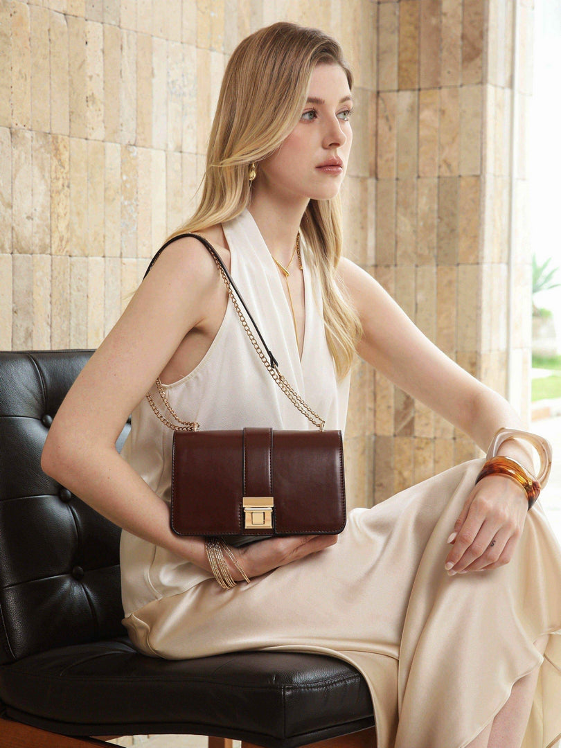Classic Lock Chain Shoulder Bag – Brown Edition