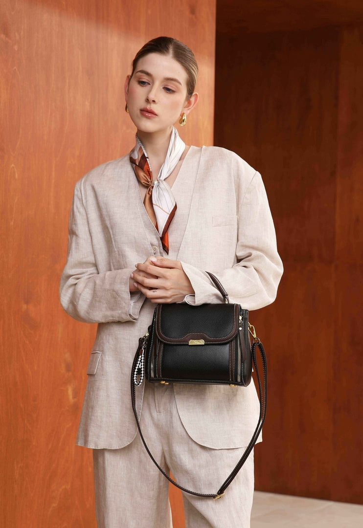 Elegant Contrast Top Handle Crossbody Bag – Black & Brown Edition