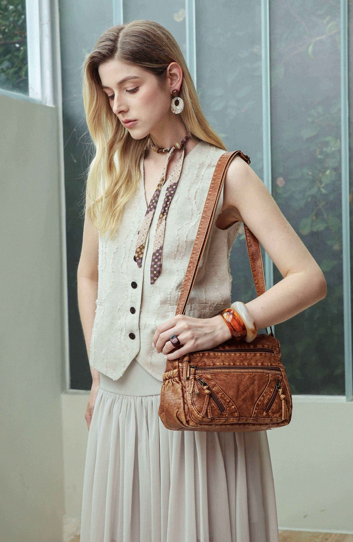 Vintage Multi-Pocket Crossbody Bag – Tan Edition