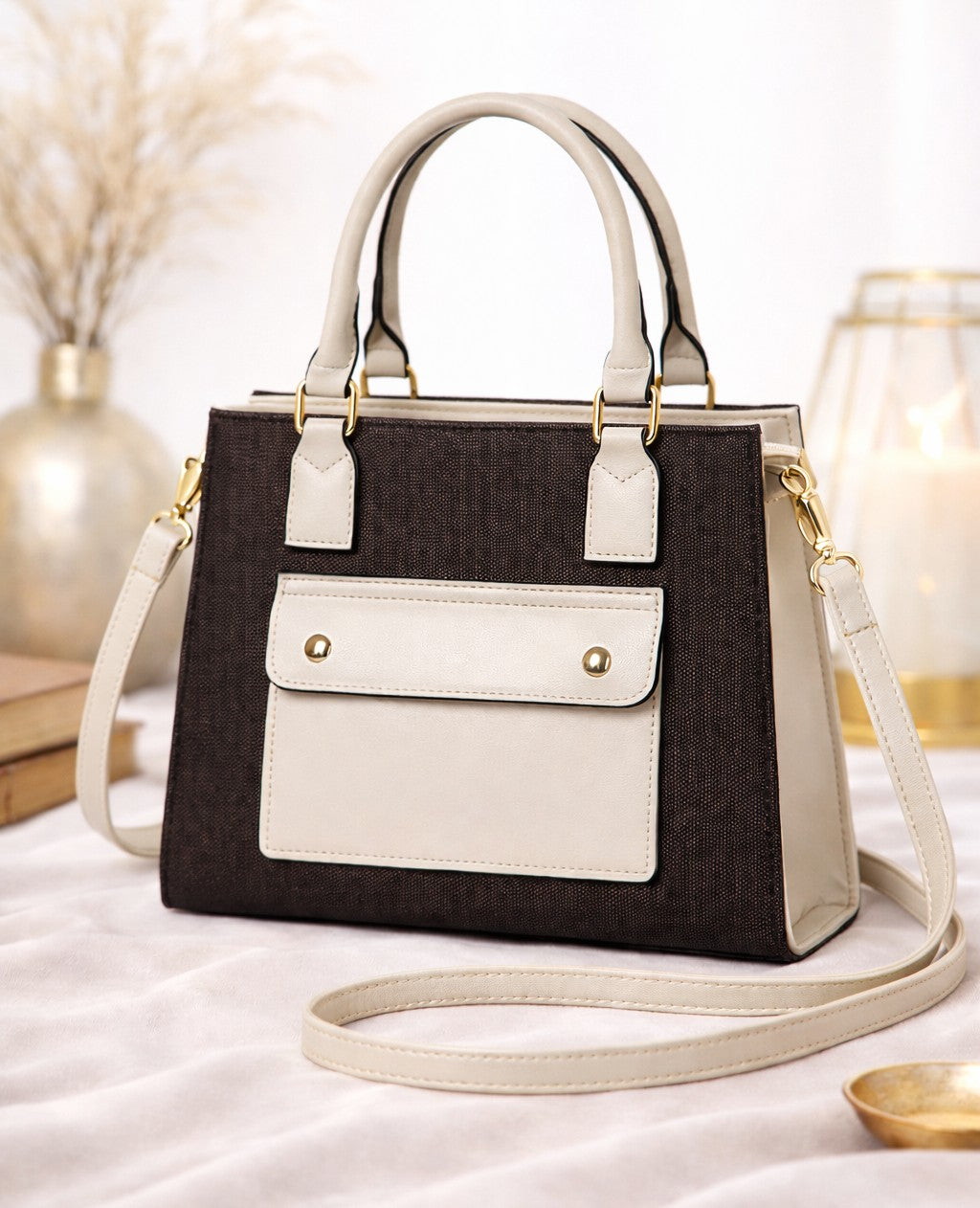 Classic Contrast Pocket Tote Bag – Brown & Beige Edition