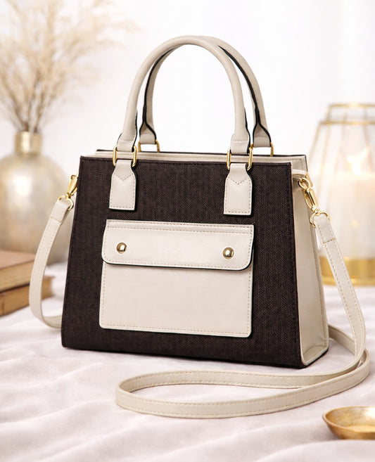 Classic Contrast Pocket Tote Bag – Brown & Beige Edition