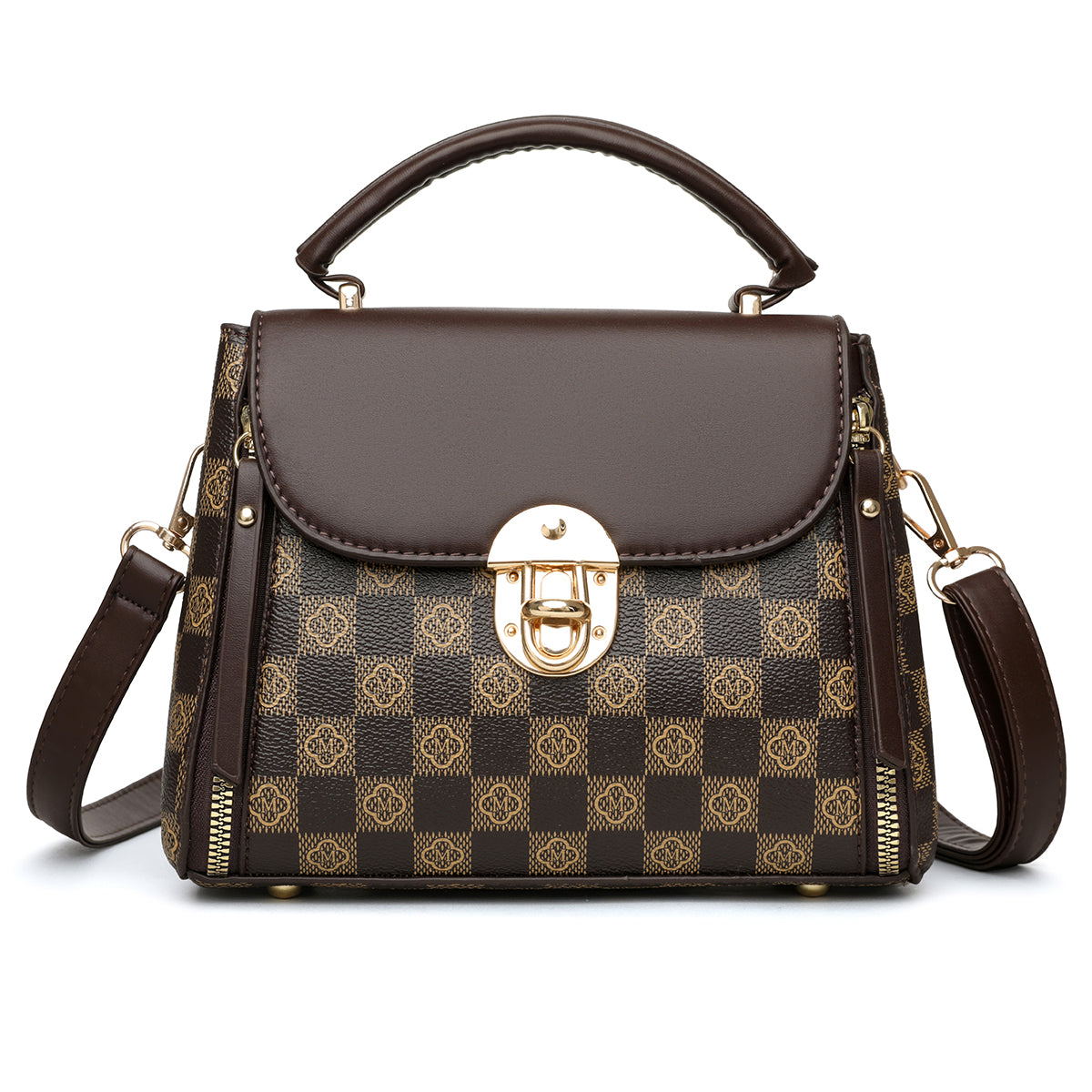 Elegant Checkered Top Handle Satchel – Brown Edition