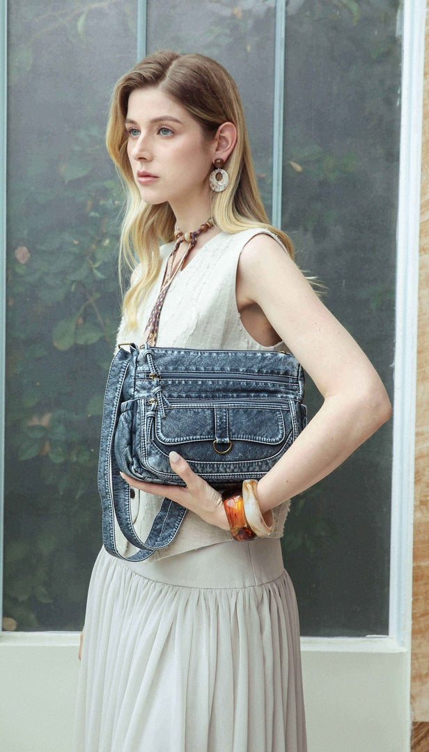 Vintage Multi-Pocket Shoulder Bag – Denim Blue Edition