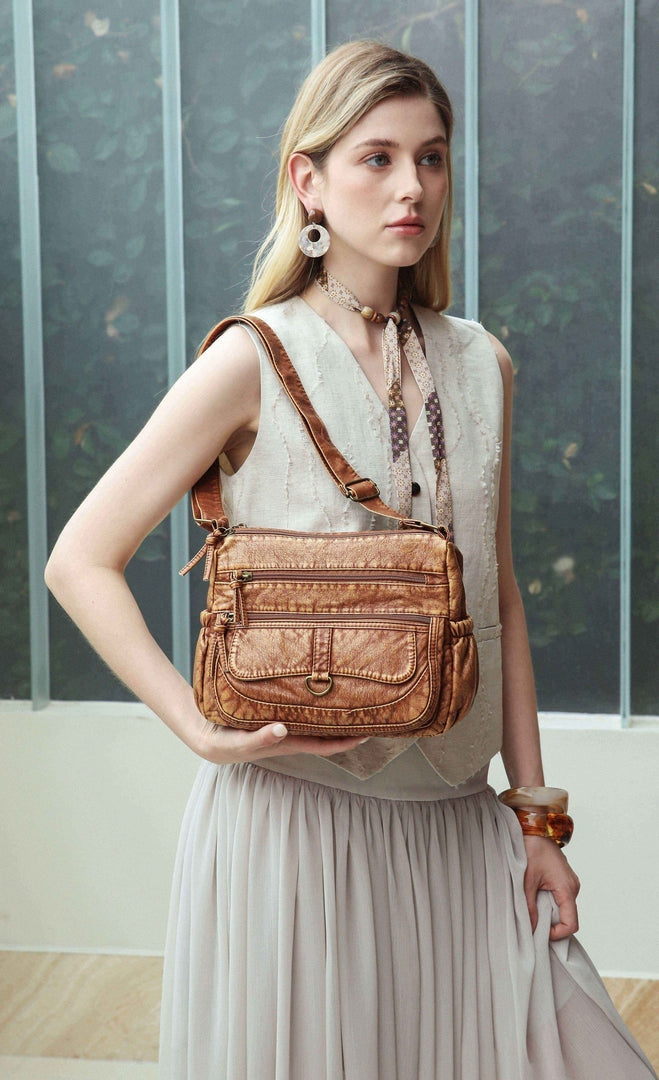 Vintage Multi-Pocket Shoulder Bag – Tan Edition
