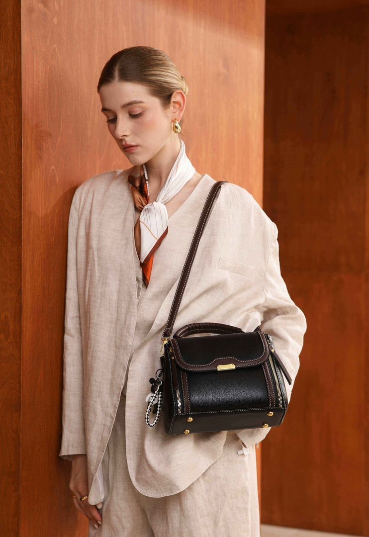 Elegant Contrast Top Handle Crossbody Bag – Black & Brown Edition