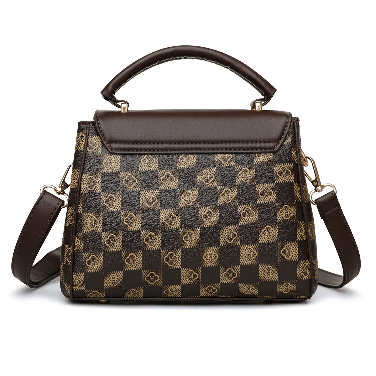 Elegant Checkered Top Handle Satchel – Brown Edition
