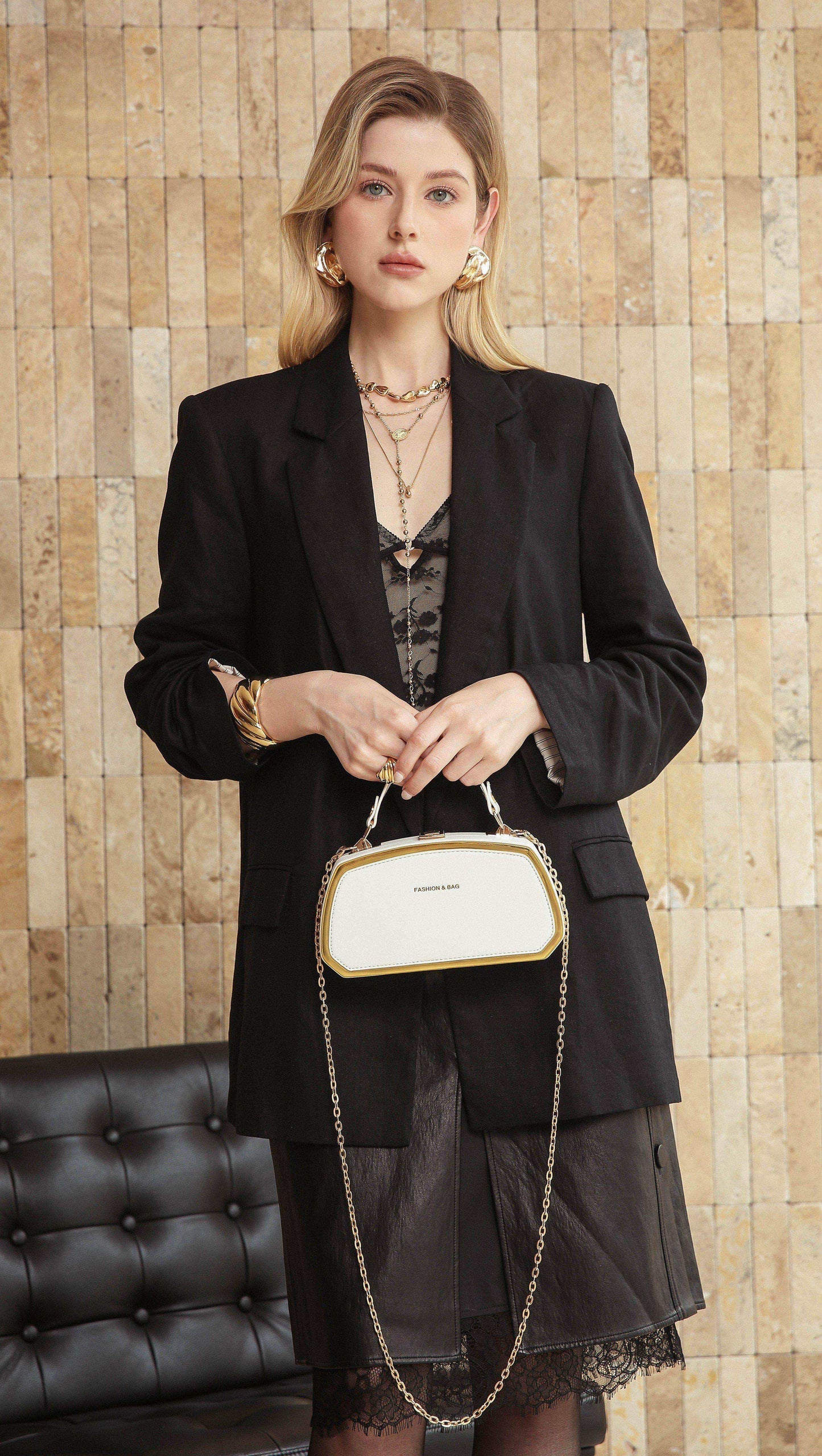 Elegant Box Clutch with Chain – White & Gold Edition