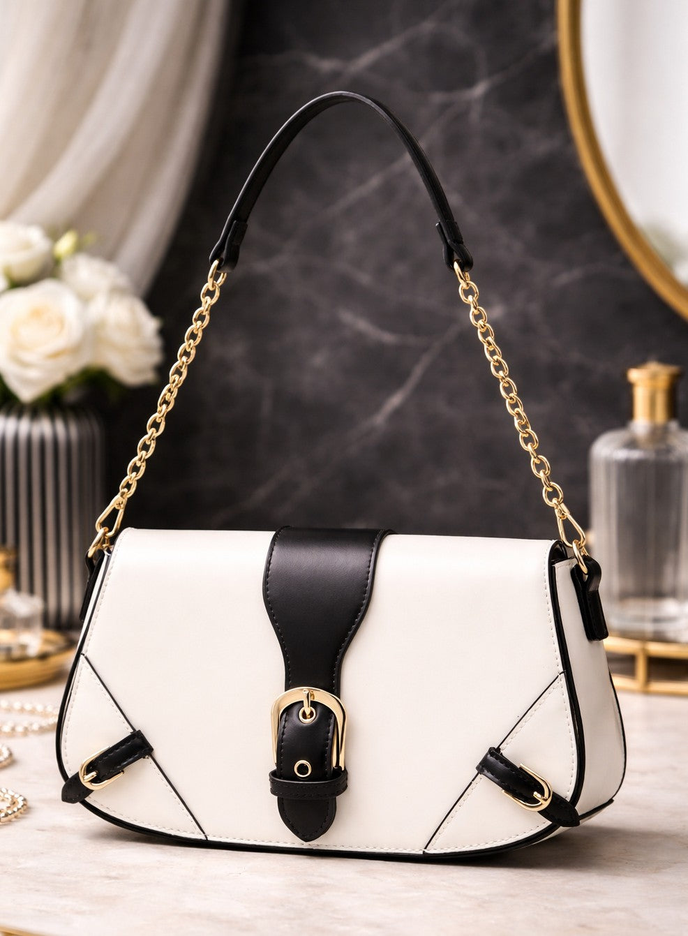 Classic Contrast Flap Shoulder Bag – Ivory & Black Edition