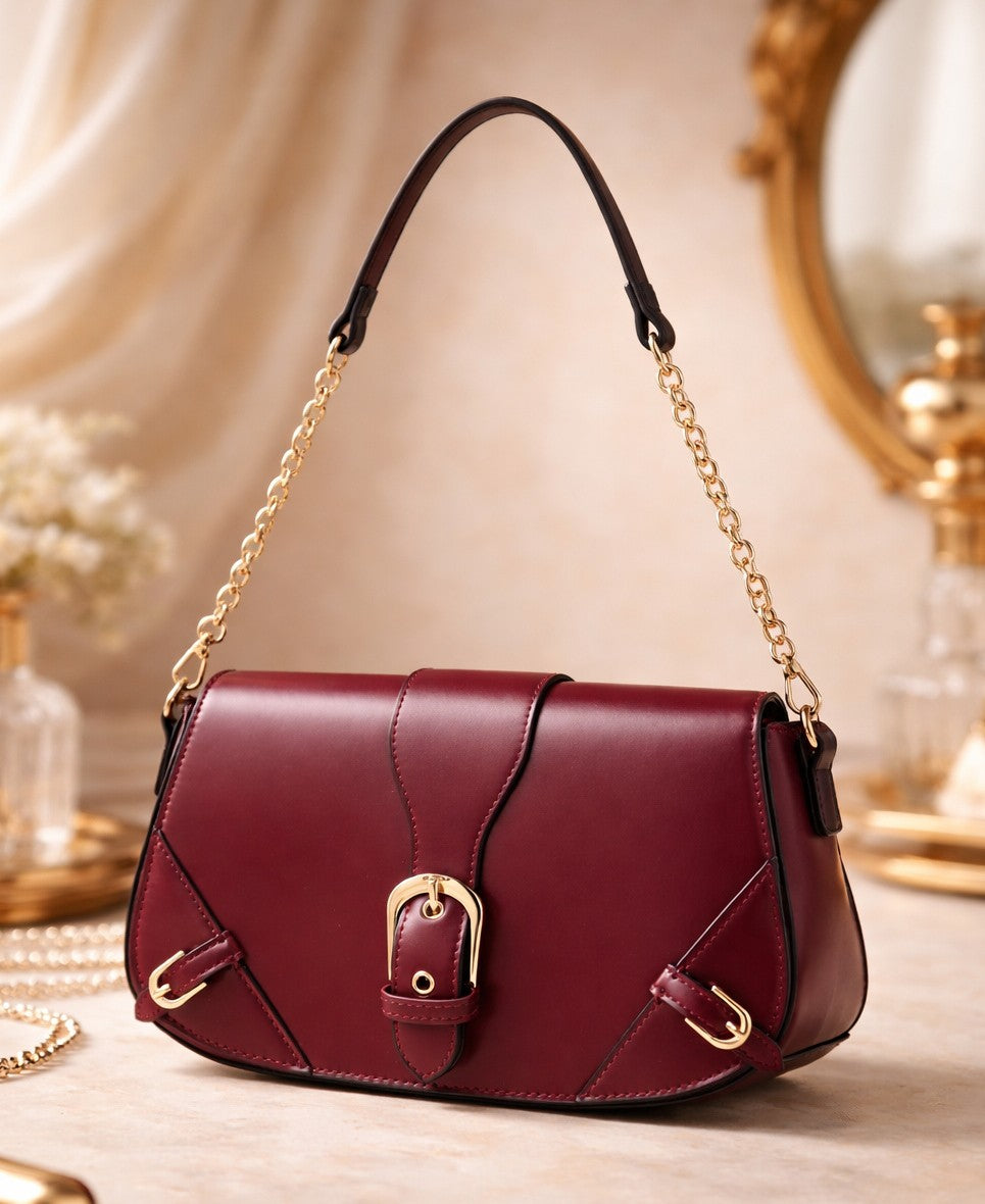 Classic Contrast Flap Shoulder Bag – Burgundy Edition