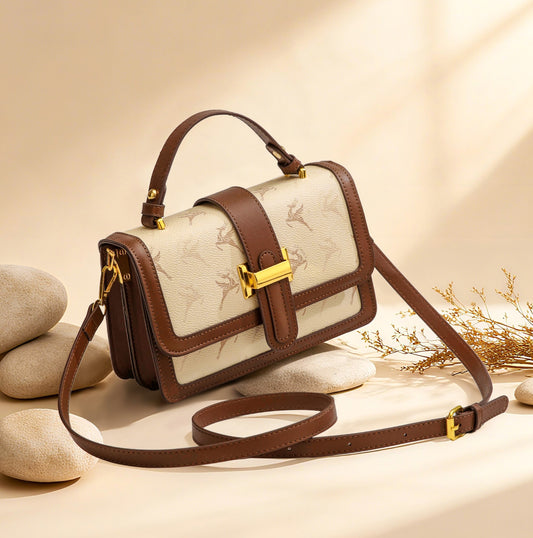 Elegant Monogram Structured Satchel – Ivory & Brown Edition