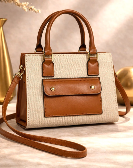 Classic Canvas Pocket Tote Bag – Beige & Tan Edition