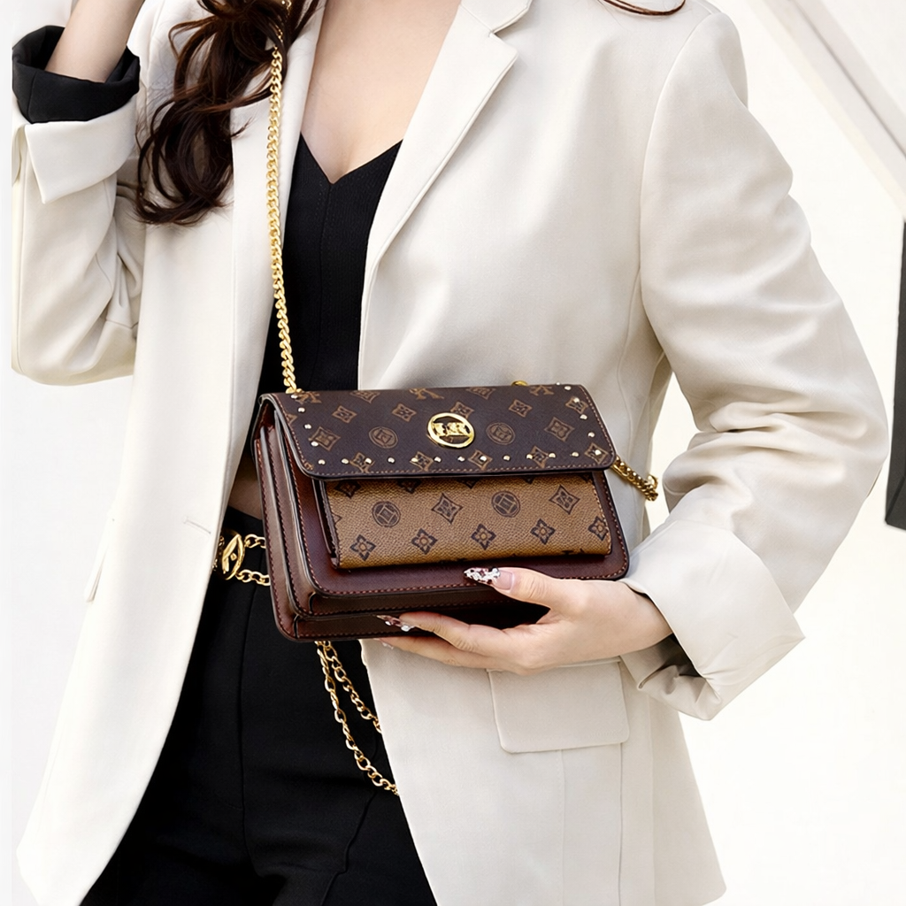 Elegant Monogram Chain Crossbody Bag – Brown Edition