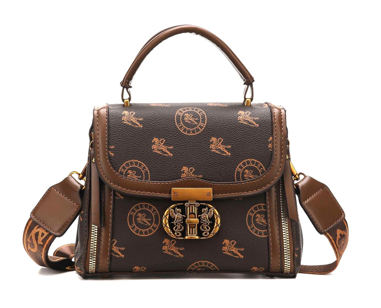 Elegant Monogram Lock Satchel – Brown Edition