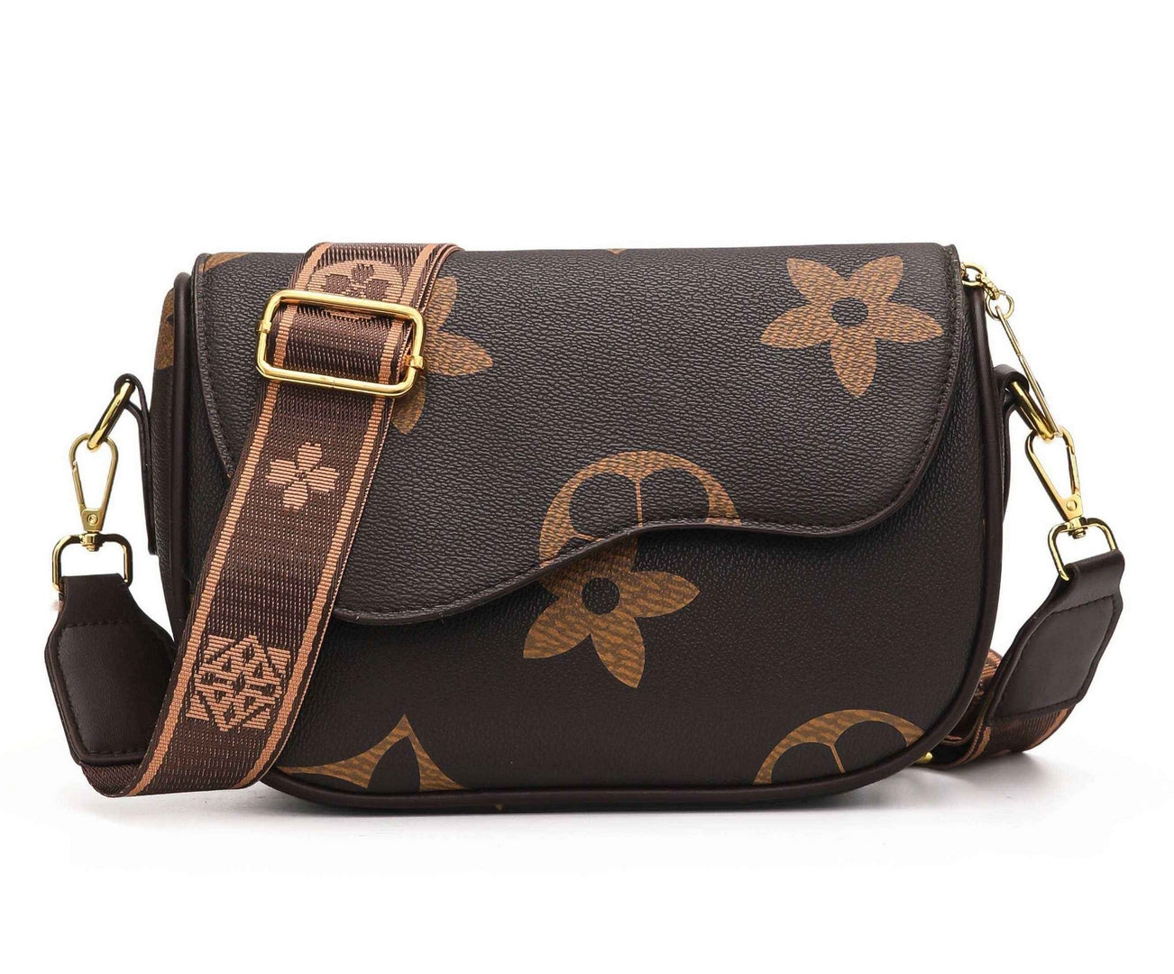Elegant Floral Monogram Crossbody Bag – Brown Edition