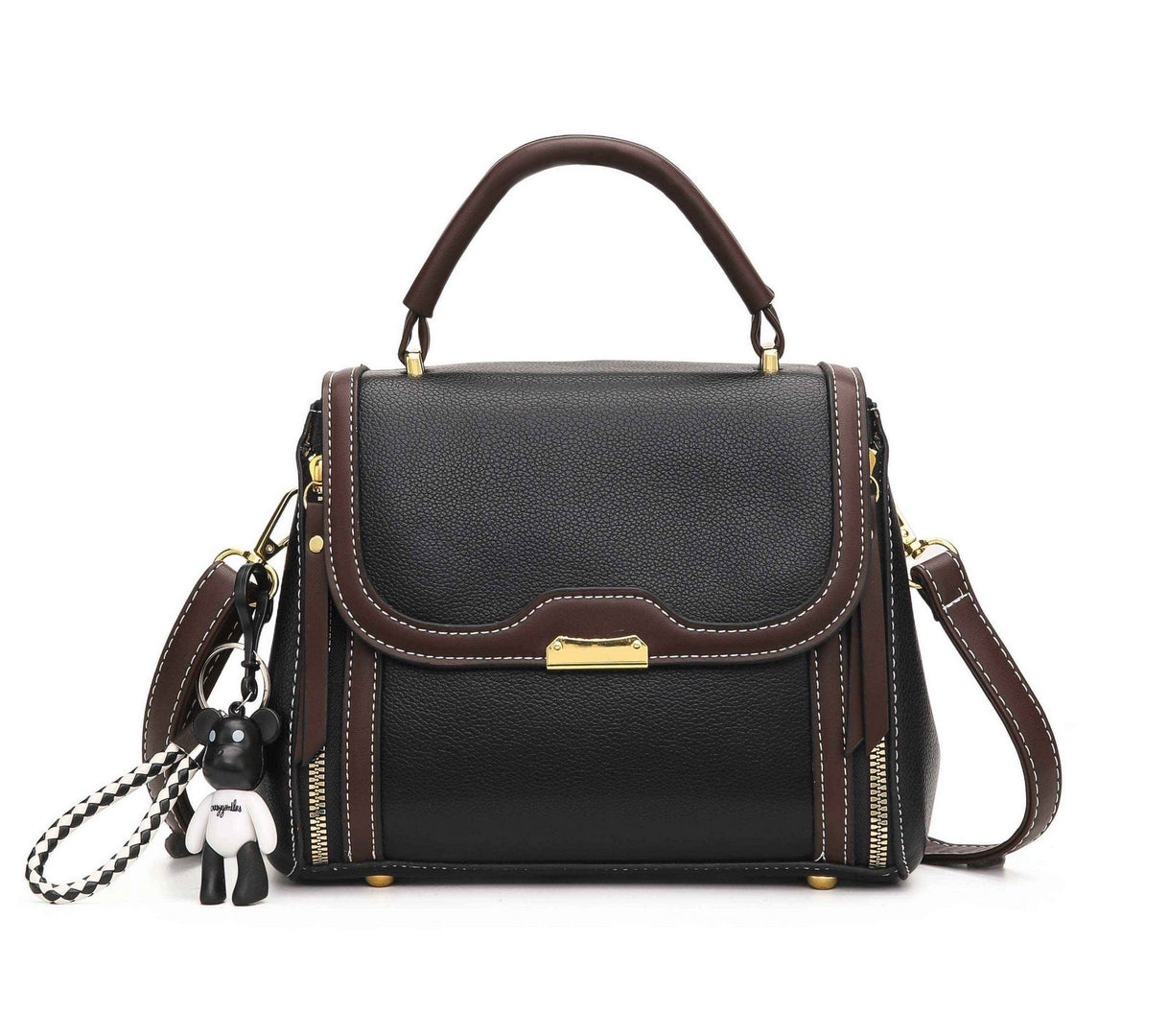 Elegant Contrast Top Handle Crossbody Bag – Black & Brown Edition