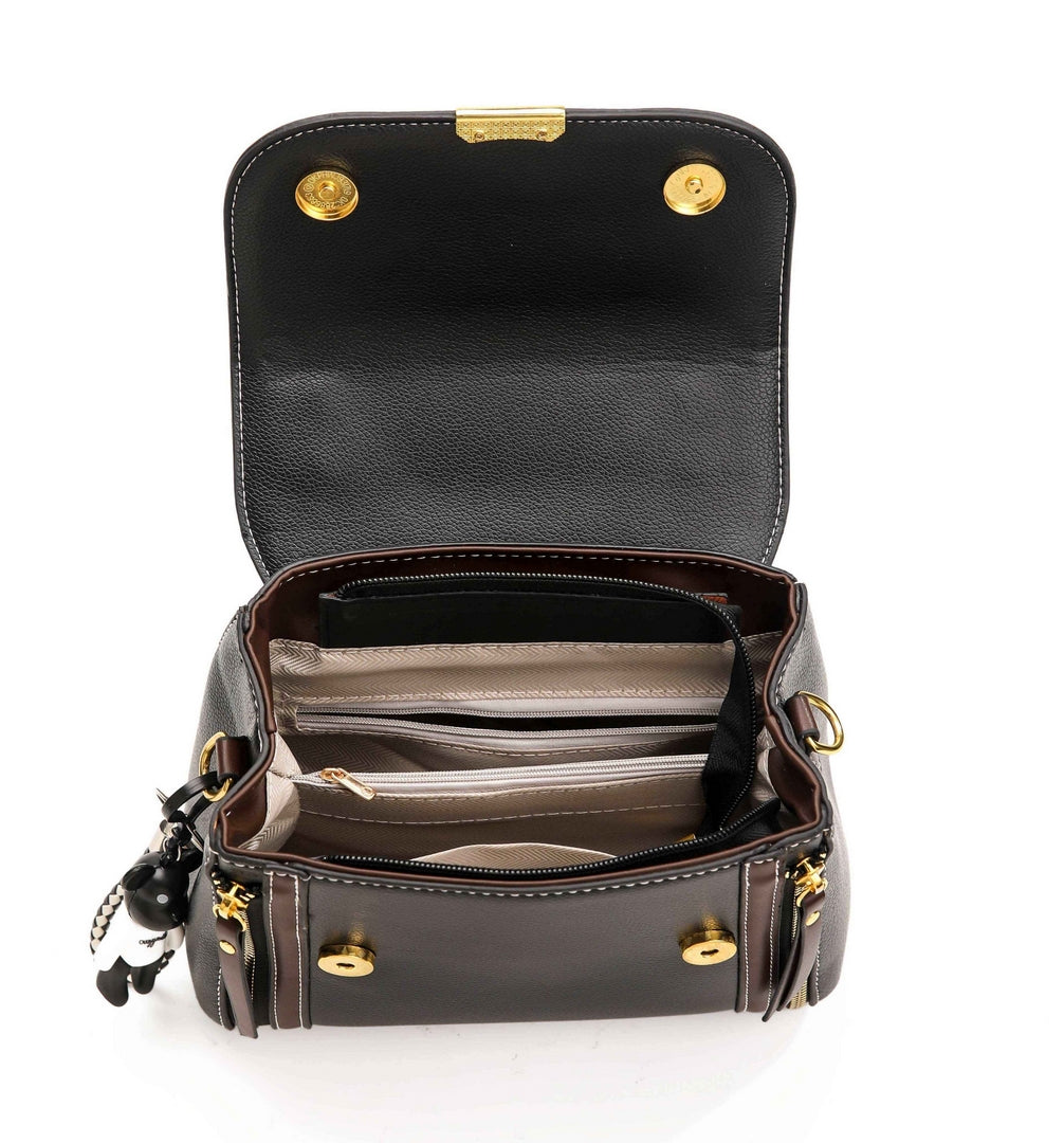 Elegant Contrast Top Handle Crossbody Bag – Black & Brown Edition