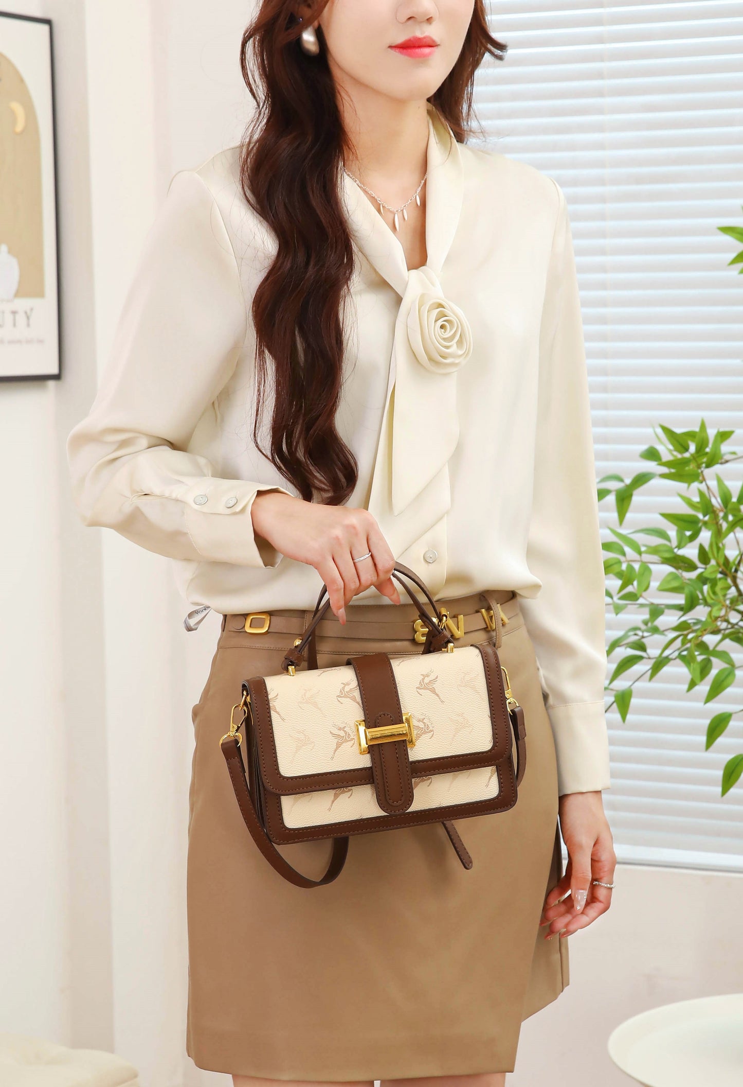 Elegant Monogram Structured Satchel – Ivory & Brown Edition