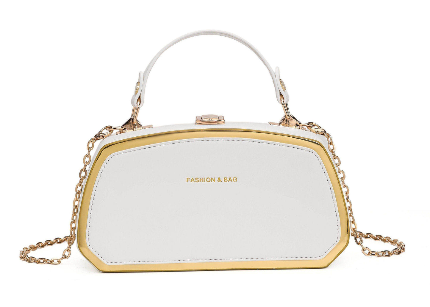 Elegant Box Clutch with Chain – White & Gold Edition