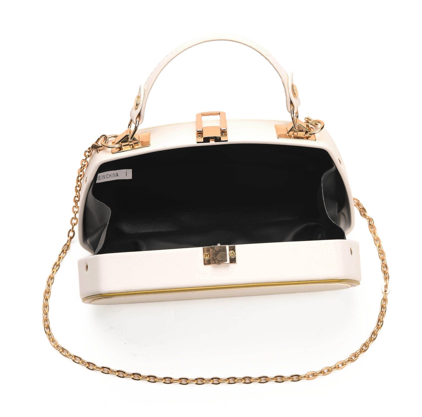 Elegant Box Clutch with Chain – White & Gold Edition