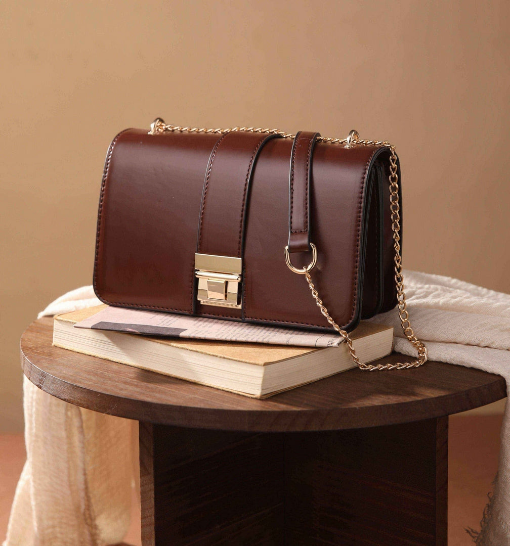 Classic Lock Chain Shoulder Bag – Brown Edition