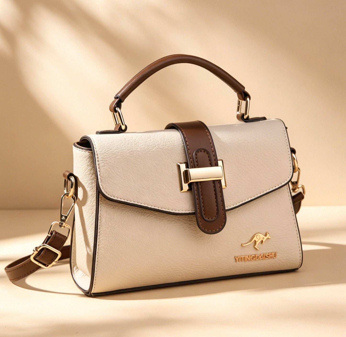 Classic Top Handle Crossbody Bag – Beige & Brown Edition