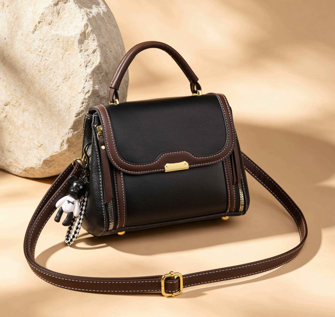 Elegant Contrast Top Handle Crossbody Bag – Black & Brown Edition