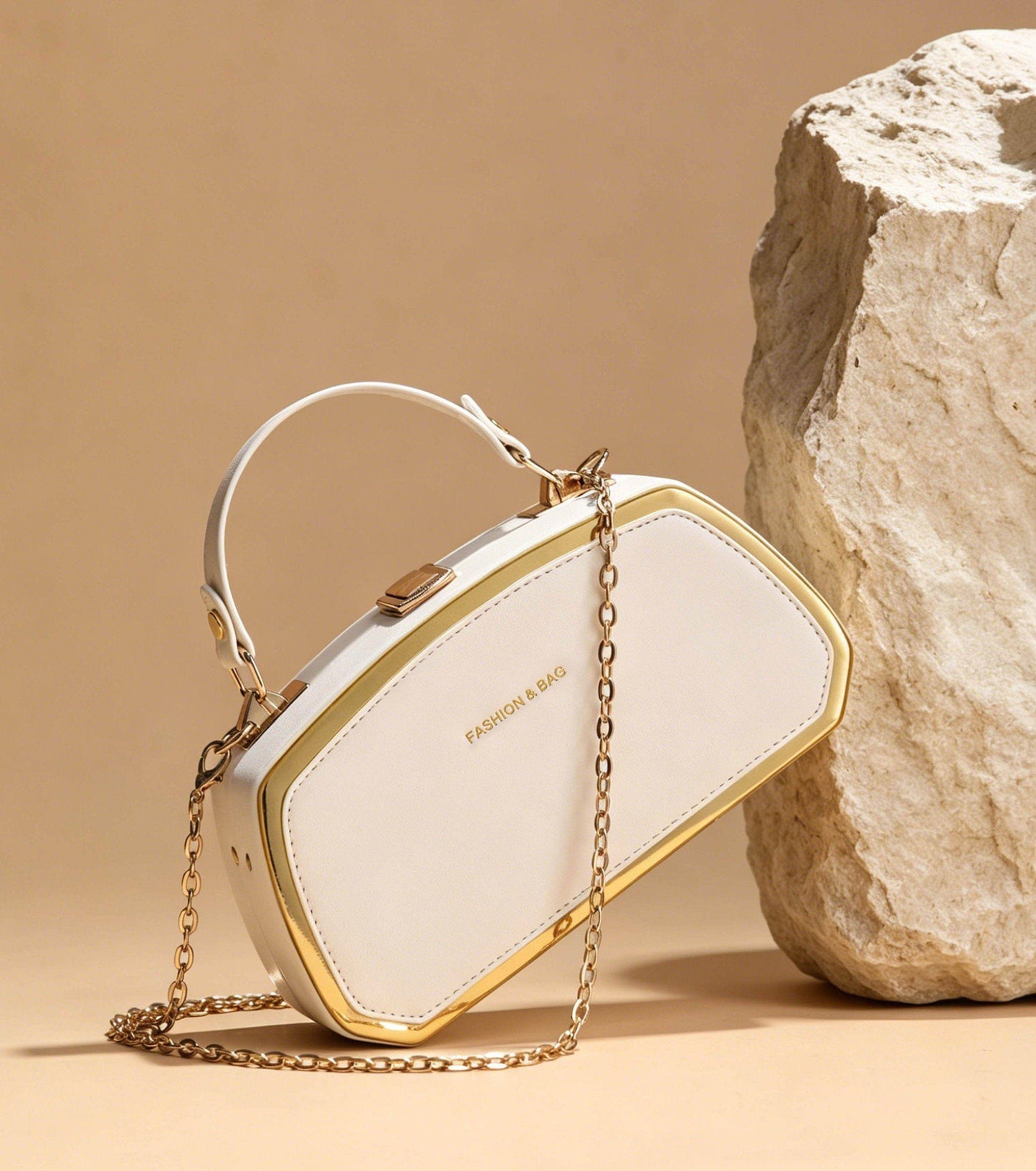 Elegant Box Clutch with Chain – White & Gold Edition
