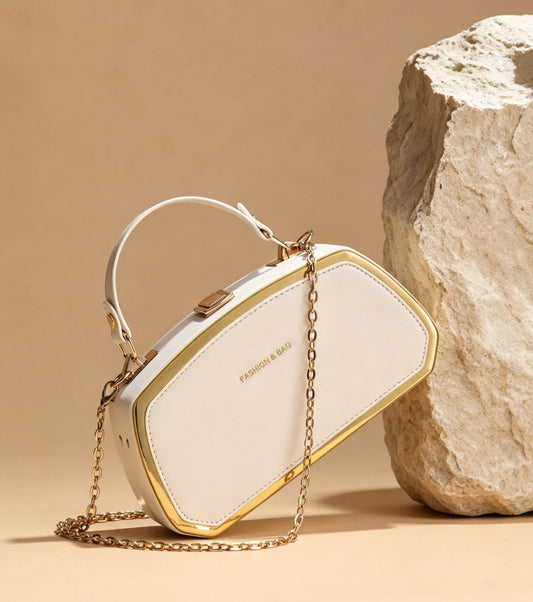 Elegant Box Clutch with Chain – White & Gold Edition