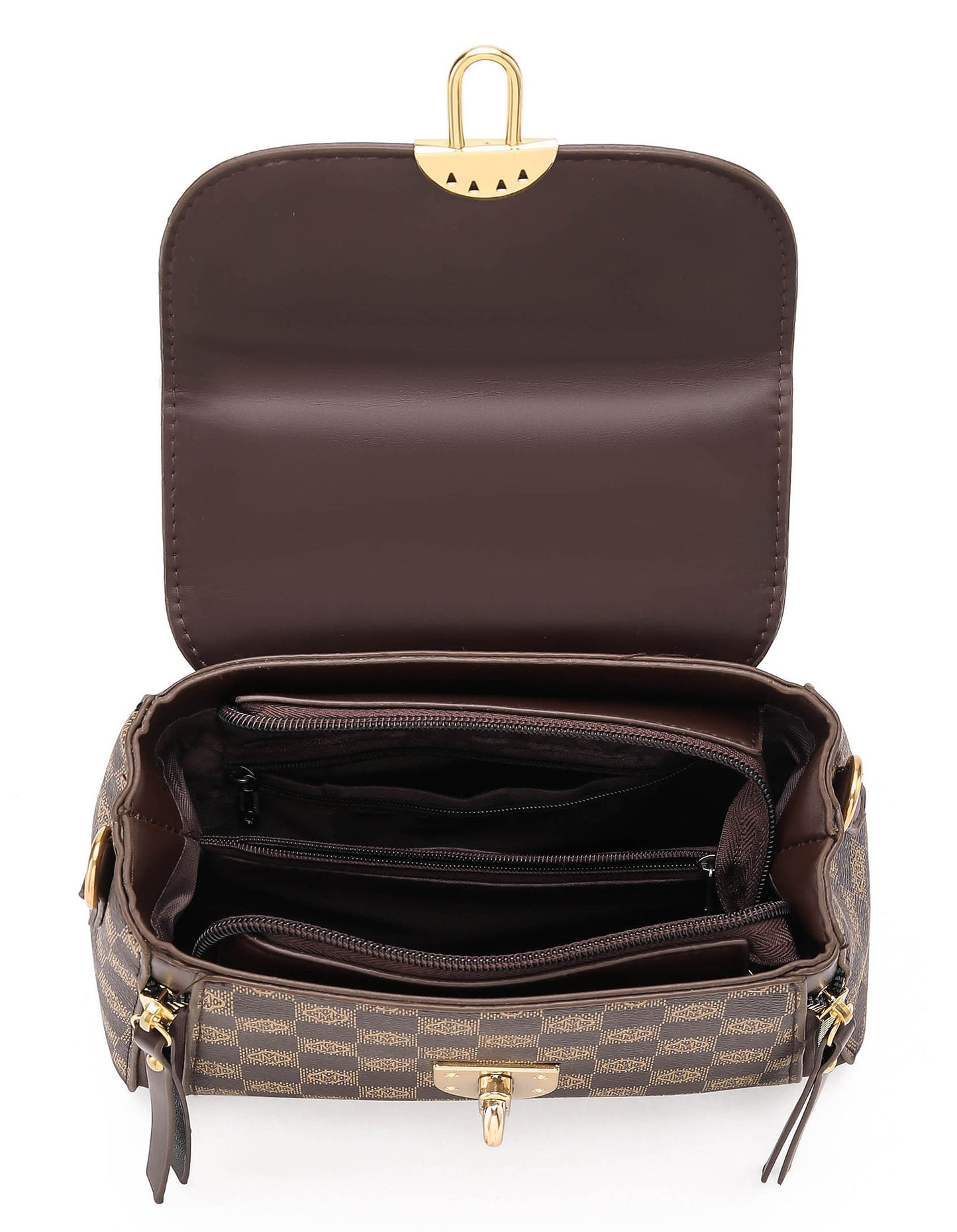 Elegant Checkered Top Handle Satchel – Brown Edition