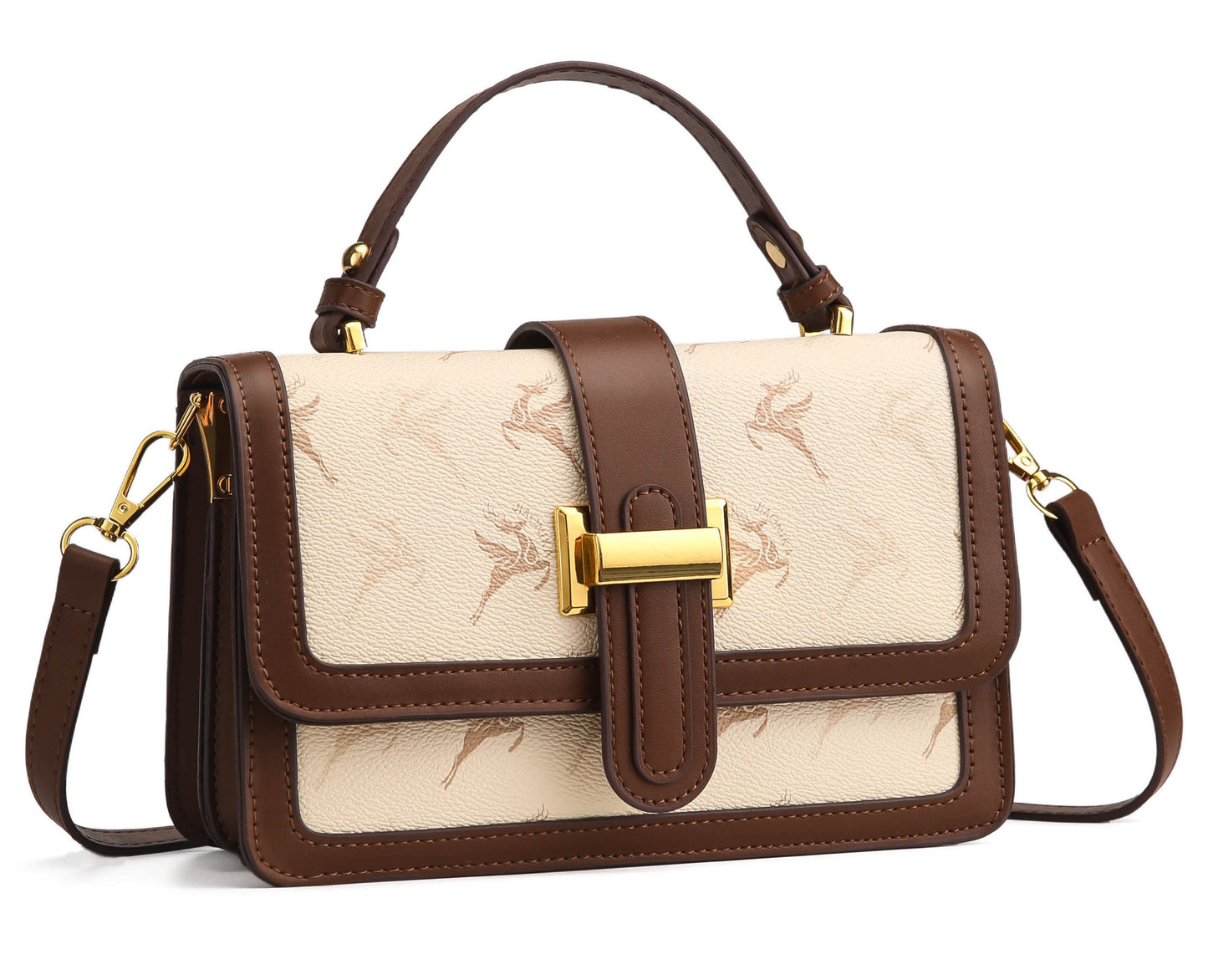 Elegant Monogram Structured Satchel – Ivory & Brown Edition