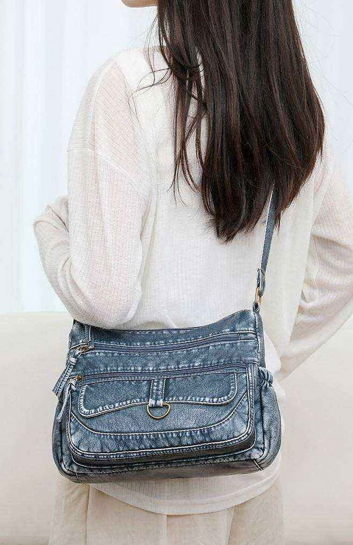 Vintage Multi-Pocket Shoulder Bag – Denim Blue Edition