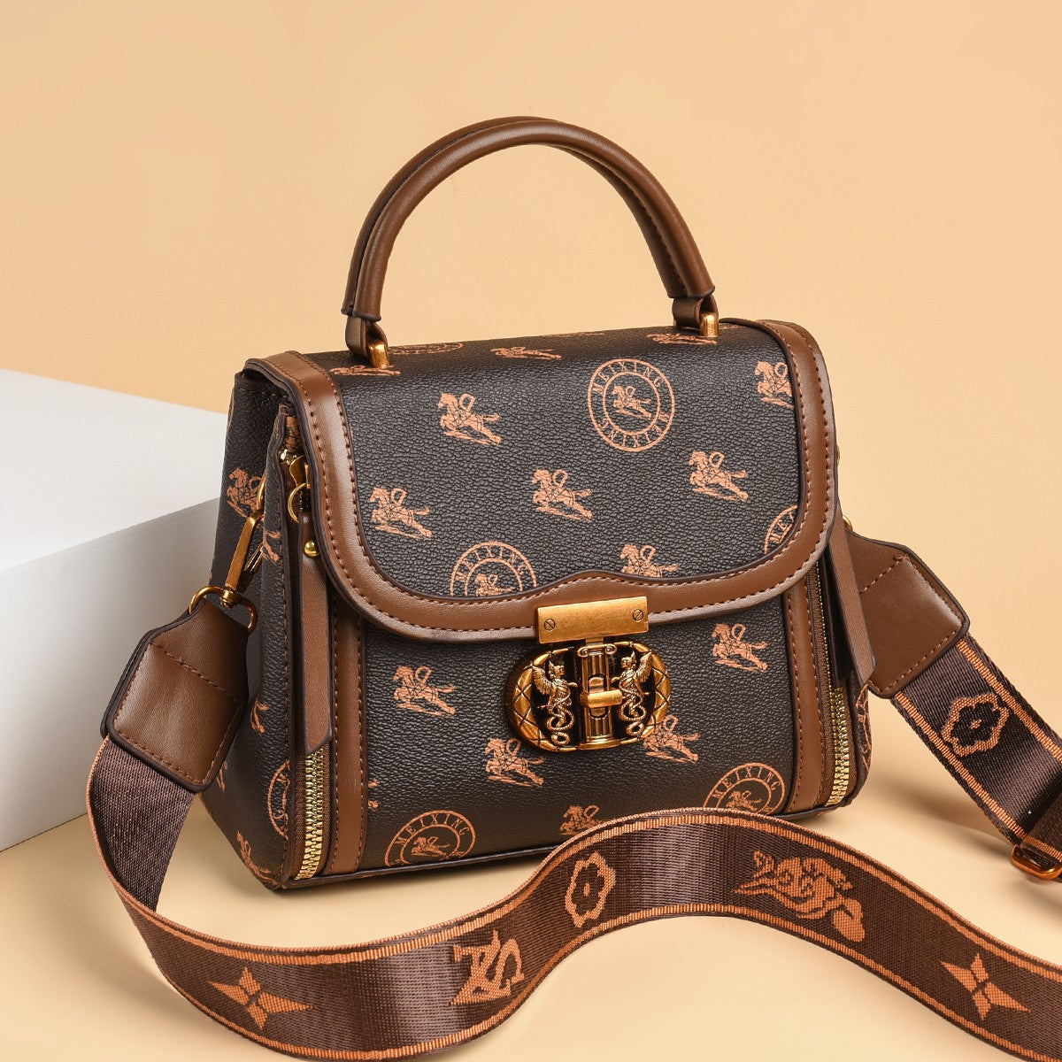 Elegant Monogram Lock Satchel – Brown Edition