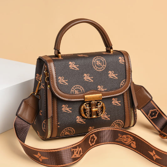 Elegant Monogram Lock Satchel – Brown Edition